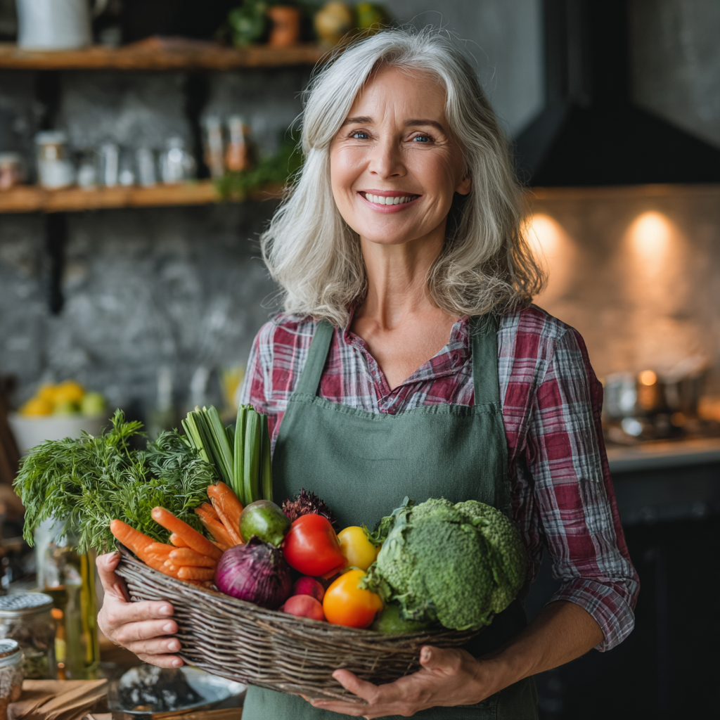 Happy middle-aged Ukrainian woman preparing healthy nutritious meal in bright kitchen, smiling while organizing colorful vegetables and whole grains on wooden cutting board